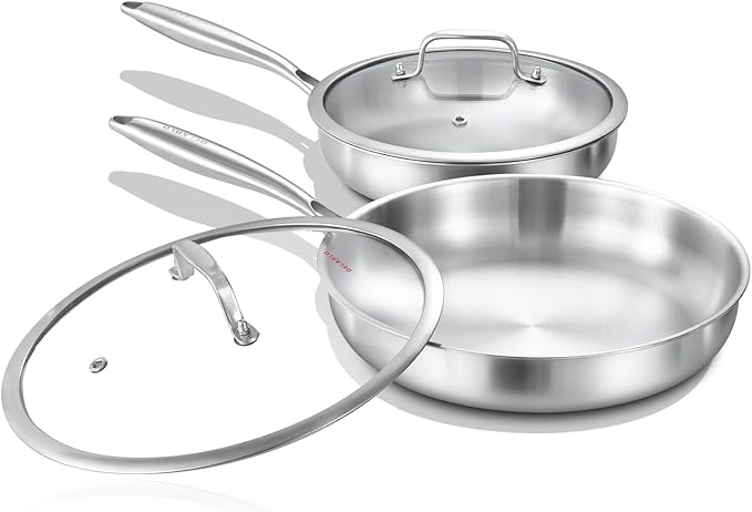 DELARLO Tri-Ply Stainless Steel Pan, 18/10 Frying Pan, Oven Safe Up to 600°F, Nontoxic Cookware, Compatible with All Cooktops Skillet, Durable, Fast Even Heat Fry Pan,Steel 10" and 12" with Lid by DELARLOCOOKWARE