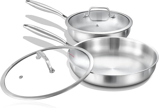 DELARLO Tri-Ply Stainless Steel Pan, 18/10 Frying Pan, Oven Safe Up to 600°F, Nontoxic Cookware, Compatible with All Cooktops Skillet, Durable, Fast Even Heat Fry Pan,Steel 10" and 12" with Lid by DELARLOCOOKWARE