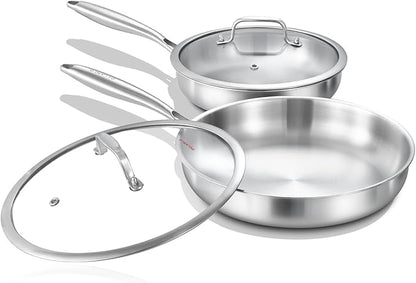 DELARLO Tri-Ply Stainless Steel Pan, 18/10 Frying Pan, Oven Safe Up to 600°F, Nontoxic Cookware, Compatible with All Cooktops Skillet, Durable, Fast Even Heat Fry Pan,Steel 8+10.2" with Lids by DELARLOCOOKWARE