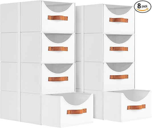 Homsorout Stackable Storage Drawers - Collapsible Storage Bins with Drawers, 8 Pack Closet Shelf Organizer Basket, Fabric Pull Out Organizer for Bedroom, Living Room, Dorm, White
