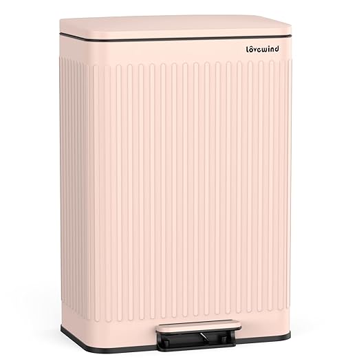 Lovewind 60 Liter/ 16 Gallon Stainless Steel Trash Can with Soft-Close Lid, Large Footstep Garbage Can with Roman Texture, Removable Inner Buckets, Recycling Bin for Kitchen Office, Pink
