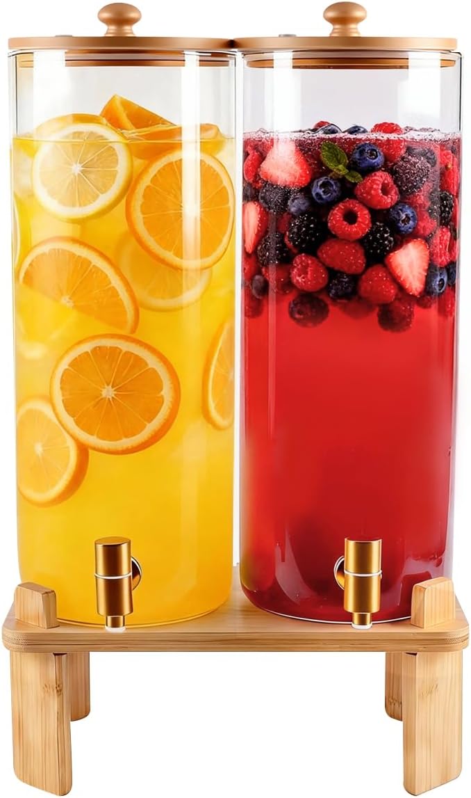 2 Gallon 2 Pack large Glass Drink dispenser for parties,Beverage Dispenser With Wood Stand,Water Dispensers with spigot,lemonade dispenser,juice containers & water pitcher with lid by NBNSTHV