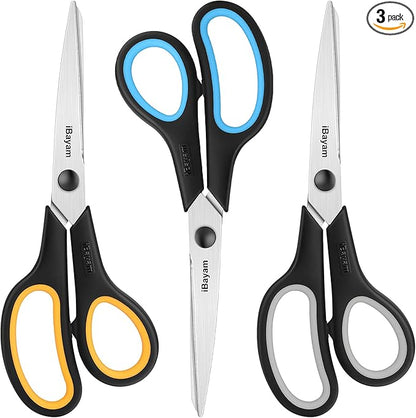 Scissors All Purpose, iBayam 8" Heavy Duty Scissors Bulk 3-Pack, 2.5mm Thickness Ultra Sharp Blade Shears with Comfort-Grip Handles for Office Home School Sewing Fabric Craft Supplies, Right/Left Hand by iBayamDirect