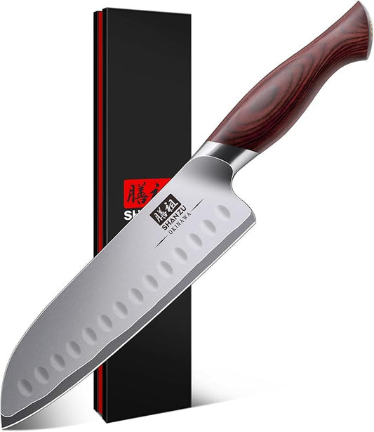 SHAN ZU 7 Inch Chef Knife, High Carbon Japanese 10Cr15Mov Stainless Steel Santoku Knife, Ultra Sharp Professional Kitchen Cooking Knife with Ergonomic Pakkawood Handle by SHANZU