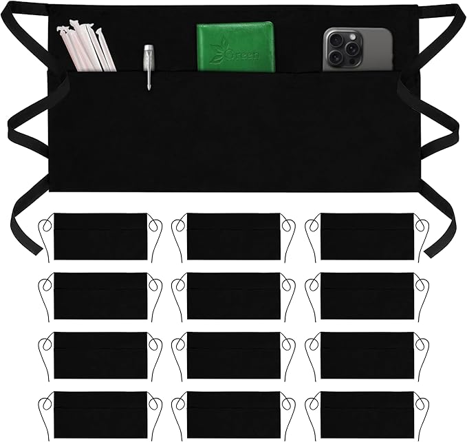 GREEN LIFESTYLE Server Aprons with 3 Pockets - Waist Apron, Waitress Apron for Women and Man, Water Resistant with Long Waist Strap Reinforced Seams, Half Apron (12 Pack - Black) - Image 9