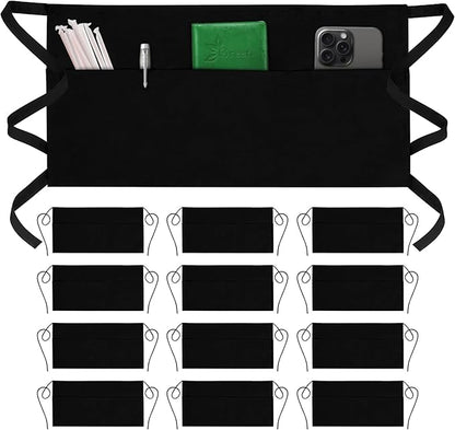 GREEN LIFESTYLE Server Aprons with 3 Pockets - Waist Apron, Waitress Apron for Women and Man, Water Resistant with Long Waist Strap Reinforced Seams, Half Apron (12 Pack - Black) - Image 9