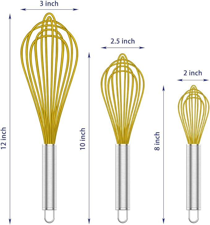 OYV Yellow Silicone Whisk, Professional Whisks For Cooking Non-Scratch, Stainless Steel & Silicone Wisk, Plastic Rubber Whisk Tool For Nonstick Cookware Pans, Silicon Wisks Set of 3. - Image 6