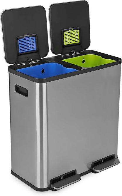 SIMPLI-Magic 21 Gallon (80L) Dual Compartment Kitchen Trash Can - Hands-Free Step Pedal, Soft-Close Lid, Stainless Steel Recycling Bin with Odor Filter (40L + 40L) by Simpli-Magic