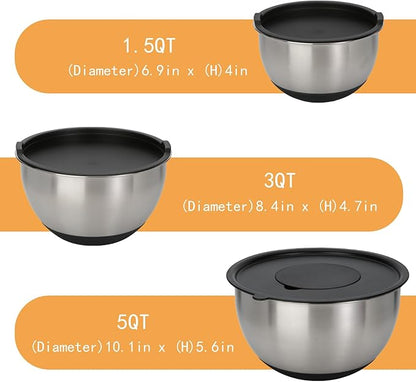GreatChef Mixing Bowls Stainless Steel Set of 9-1.5, 3.0, 5QT Bowl and Graters, with Airtight Lids, Non-slip Base, Metal Nesting, Storage, Salad, Baking, Elegance in Every Mix & Serving - Image 2