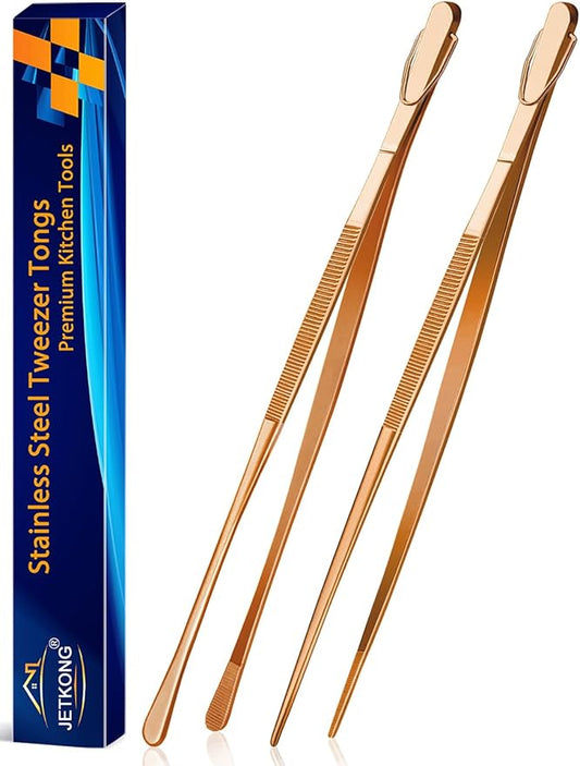 JETKONG 2 Pcs 14-Inch Kitchen Tweezers Extra Long Cooking Tweezer Tongs Stainless Steel Long Food Tweezers (Rose Gold) by JETKONG