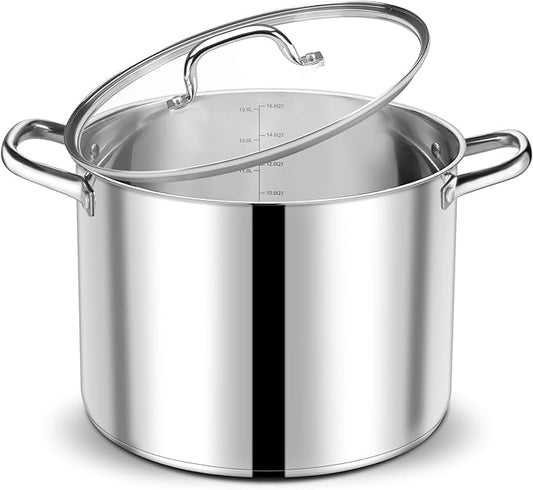 P&P CHEF 16 QT Stock Pot with Lid, Stainless Steel Large Cooking Pot, Soup Canning Stockpot for Stewing Simmering, Tri-ply Bottom for All Stoves, Heavy-Duty &Dishwasher Safe & Food-Grade by PPCHEF