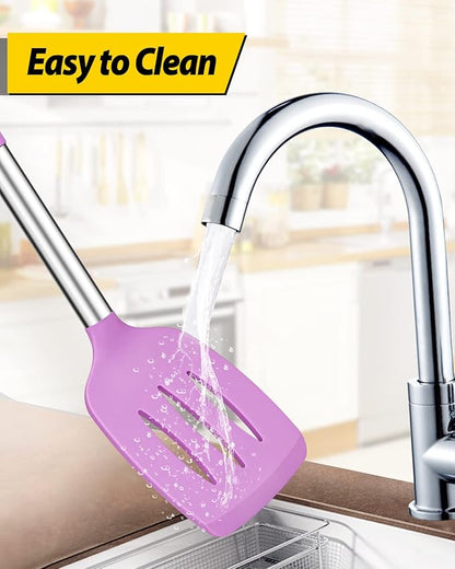 Pack of 4 Silicone Cooking Utensils Set, Non Stick Large Solid Spatulas, Heat Resistant Purple Slotted Spoons, Ideal BPA Free Kitchen Turners for Frying, Mixing,Serving,Draining,Turning,Stirring - Image 5