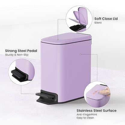 Cesun Small Bathroom Trash Can with Lid Soft Close, Step Pedal, 6 Liter / 1.6 Gallon Stainless Steel Garbage Can with Removable Inner Bucket, Anti-Fingerprint Finish (Purple) - Image 4