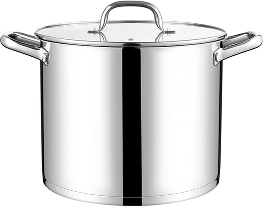 LIANYU 10 Quart Pot with Lid, 10 QT Tri-ply Stainless Steel Stockpot, Heavy Duty Deep Canning Soup Cooking Pot for Gas, Electric, Stoves, Induction, Riveted Handles, Dishwasher Safe