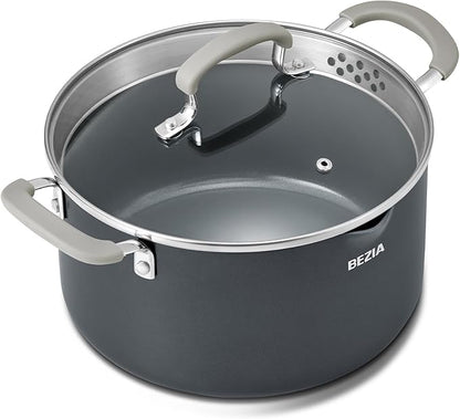 6 Quart Nonstick Stock Pot with Lid, BEZIA PFAS-Free Ceramic Soup Pot, Multipurpose Pasta Pot with Strainer Lid, Induction Cooking Pot, Silicone Handle, Compatible with All Cooktops, Dishwasher Safe by BEZIA