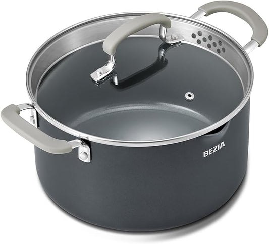 6 Quart Nonstick Stock Pot with Lid, BEZIA PFAS-Free Ceramic Soup Pot, Multipurpose Pasta Pot with Strainer Lid, Induction Cooking Pot, Silicone Handle, Compatible with All Cooktops, Dishwasher Safe by BEZIA