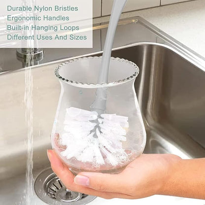 Dish & Bottle Brush Set, 4-Piece Kitchen Cleaning Brushes, Gray, Plastic Handles, Medium Bristles (Nylon or Polyester) - Image 3