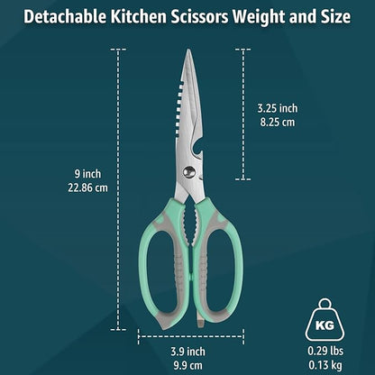 BoFuYuan Kitchen Scissors, 9-Inch Heavy Duty Multipurpose Food Cutting Shears, Detachable Dishwasher Safe, Sharp Serrated Blade, Ergonomic Non-Slip Handle for Food, Meat, Herbs, Green