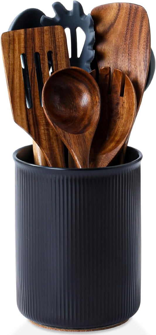 LoeJan Utensil Holder, Extra Large Utensil Crock, Stable Ceramic Utensil Organizer, Cooking Tool Organizer Set for Kitchen Counter Farmhouse Décor, Matte Black by LoeJan
