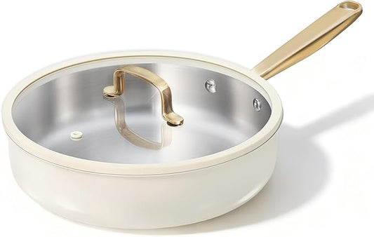 CAROTE 10" Stainless Steel Frying Pan with Lid, Outer Ceramic Layer, Non-Toxic, Even Heating，Oven Safe, Induction, Ceramic and Gas Cooktops Compatible, White by CAROTE
