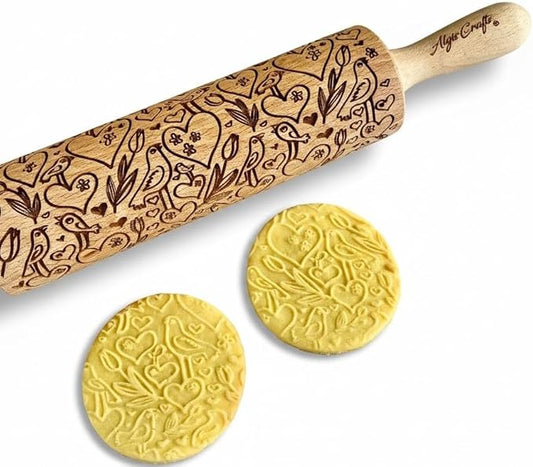 LOVE BIRDS Embossing Rolling Pin – Laser Engraved Dough Roller with hearts and birds pattern. Great for cookies, clay crafts, and a charming gift. By Algis Crafts