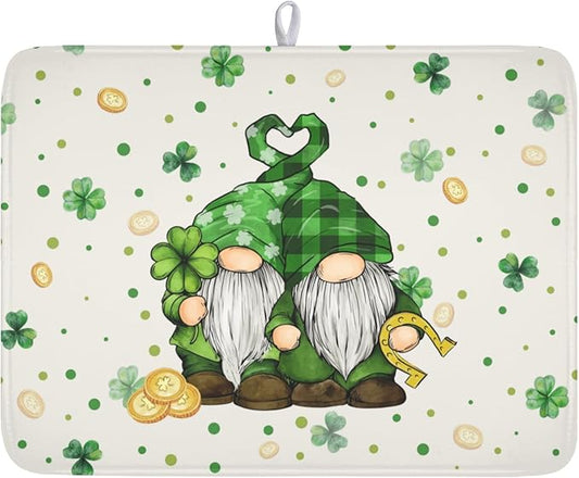 St Patrick's Day Gnome Dish Drying Mat for Kitchen Counter,Inch Lucky Shamrock Gold Coin Drying Mat 18 x 24 Inch with Absorbent Reversible Microfiber Dish Drying Pad for Coffee Bar by Anyako
