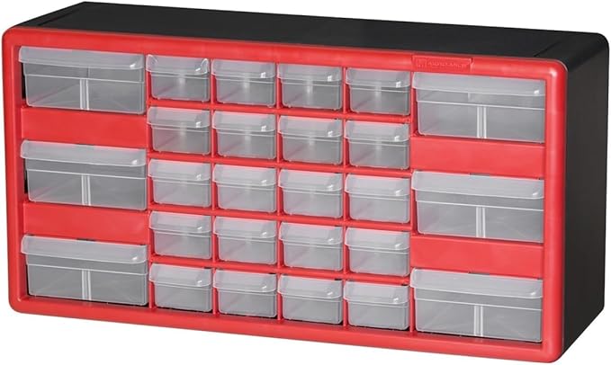 Akro-Mils 26-Drawer Plastic Drawer Storage Cabinet for Garage Organization, Bead Organizer, Building Bricks Storage, Teacher Toolbox, Makeup Organizer, 20" W x 6" D x 10" H, 10126 Red by Akro-Mils