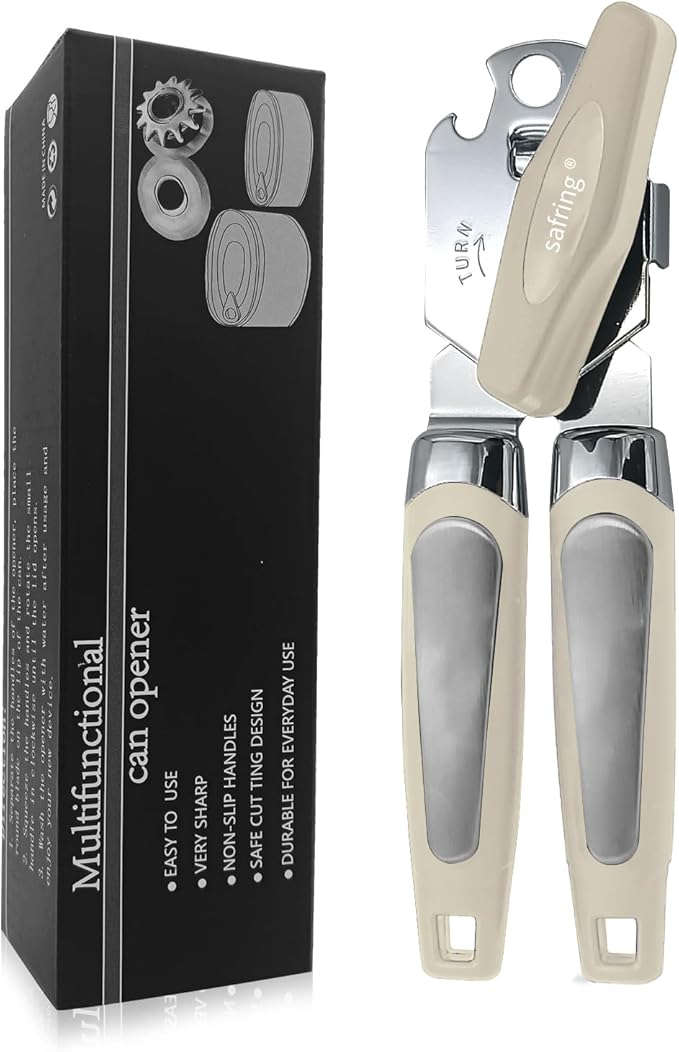 Safring Can Opener Manual, Handheld Strong Heavy Duty Stainless Steel Can Opener, Comfortable Handle, Sharp Blade Smooth Edge, Can Openers with Multifunctional Bottle Opener, Beige by Safring