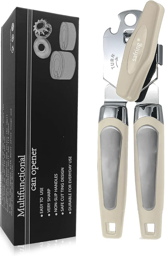 Safring Can Opener Manual, Handheld Strong Heavy Duty Stainless Steel Can Opener, Comfortable Handle, Sharp Blade Smooth Edge, Can Openers with Multifunctional Bottle Opener, Beige by Safring