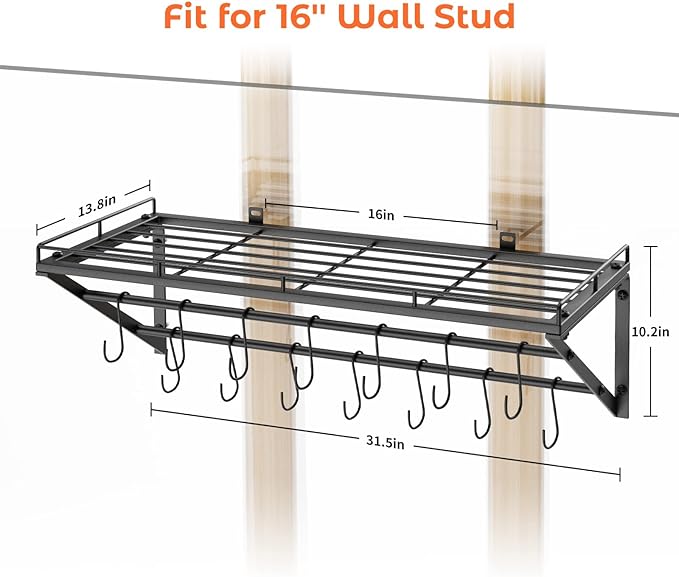 OROPY 31 Inch Wall Mounted Pot Rack Storage Shelf with 2 Tier Hanging Rails 14 S Hooks included, Ideal for Pans, Utensils, Cookware - Black - Image 5