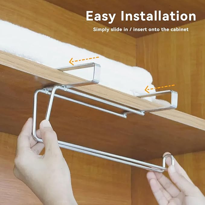 T.R.Sani. Paper Towel Holder Under Cabinet - Hanging Paper Towel Holders, Cabinet Paper Towel Holder, Space-Saving Paper Towel Hanger for Cabinets Under 0.82" - Stainless Steel, Silver, 1 Pack
