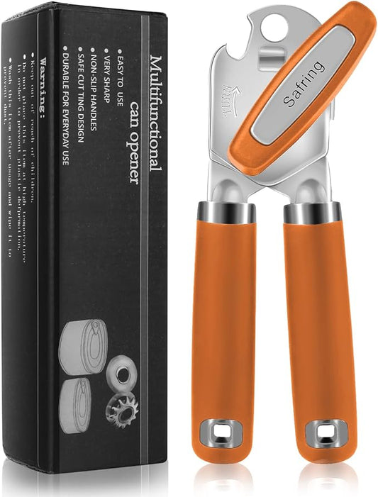 Safring Can Opener Manual, Heavy Duty Handheld Strong Can Opener with Soft Touch Handle, Sharp Blade Smooth Edge, Can Openers with Multifunctional Bottle Opener, Orange by Safring