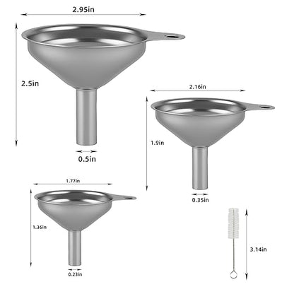 Stainless Steel Kitchen Funnel, Large, Medium and Small Three-piece Set with Cleaning Brush, Mini Metal Kitchen Funnel, for Transferring Liquids and Small Solids, Spices, Essential Oils, Fluid Foods
