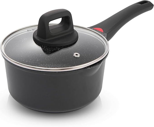 1.3 Quart Sauce Pan with Glass Lid - 6.2 Inch, Non-Stick Ceramic Coating, Induction Compatible, Even Heating - Easy Clean, Non-Toxic, Soft Cool Handle by Cainfy