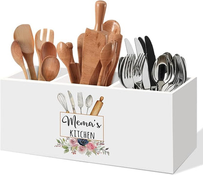 Mema Gifts Kitchen Utensil Holder, Mothers Day Birthday Gift for Grandma from Grandkids, Grandma Gifts for Mimi Gigi, Mema's Kitchens Floral Cooking Utensil Holder for Kitchen Counter