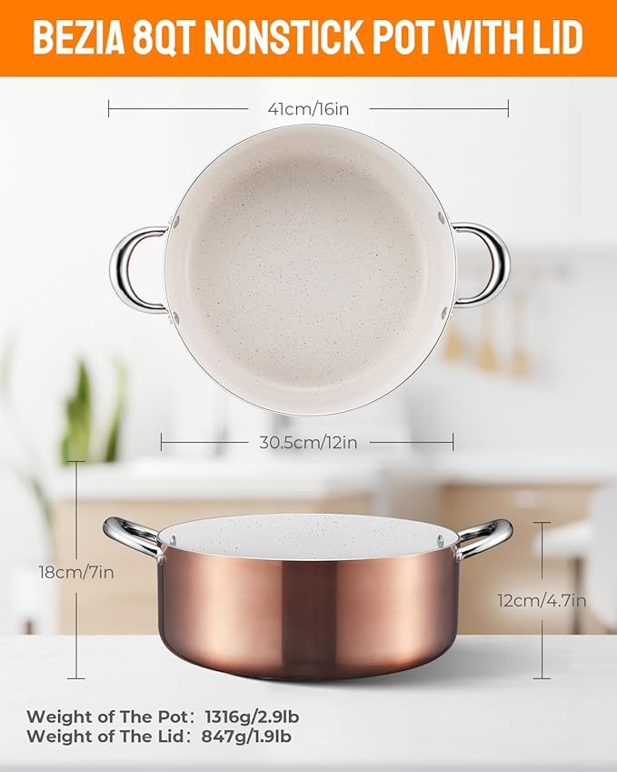 BEZIA Large 8 Quart Nonstick Cooking Pot with Lid, Induction Stock Pot, Soup Pot for All Stovetops, Non-toxic and Oven Safe, PFOA PFAS Free, Golden - Image 5