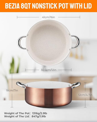 BEZIA Large 8 Quart Nonstick Cooking Pot with Lid, Induction Stock Pot, Soup Pot for All Stovetops, Non-toxic and Oven Safe, PFOA PFAS Free, Golden - Image 5