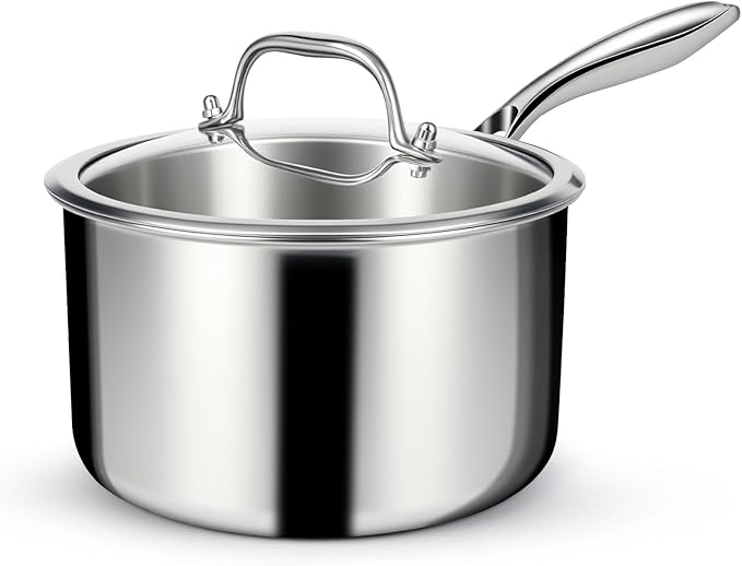 EWFEN 3 Ply Stainless Steel Saucepan with Lid, 3 Quart Multipurpose Cooking Pot, Stay-Cool Handle, Induction Oven Dishwasher Safe, 3 QT by EWFEN