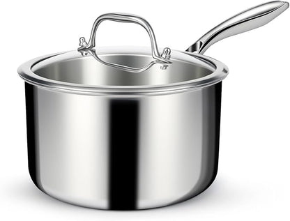 EWFEN 3 Ply Stainless Steel Saucepan with Lid, 3 Quart Multipurpose Cooking Pot, Stay-Cool Handle, Induction Oven Dishwasher Safe, 3 QT by EWFEN