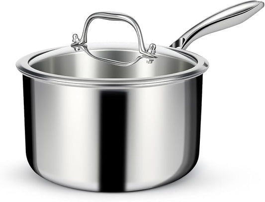 EWFEN 3 Ply Stainless Steel Saucepan with Lid, 3 Quart Multipurpose Cooking Pot, Stay-Cool Handle, Induction Oven Dishwasher Safe, 3 QT by EWFEN