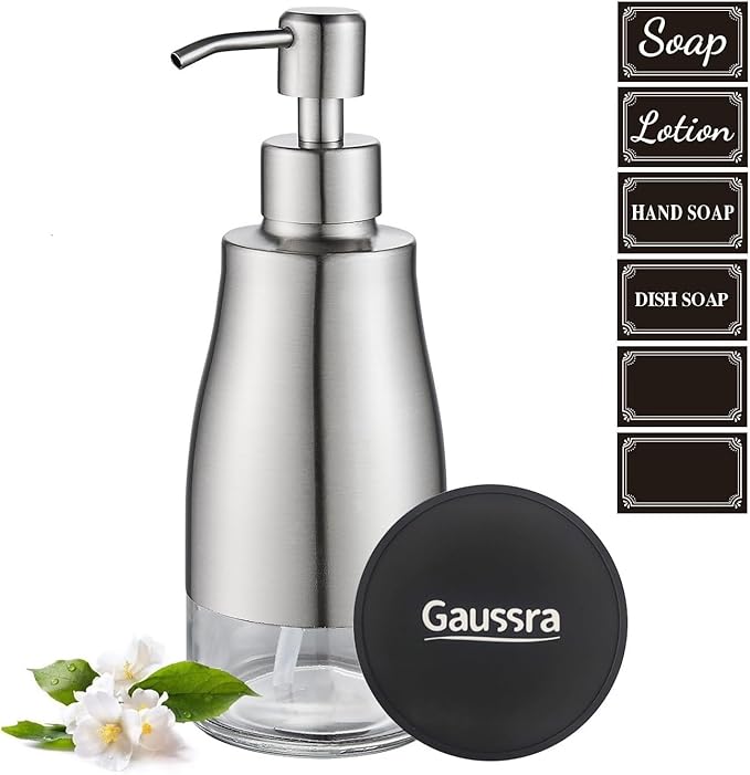 Gaussra Soap Dispenser with Coaster and Stickers, Brushed Nickel Stainless Steel Case Glass Liner Hand Pump Dispenser, Refillable Liquid Hand Soap Dispenser for Bathroom & Kitchen (11OZ / 320ML) - Image 7
