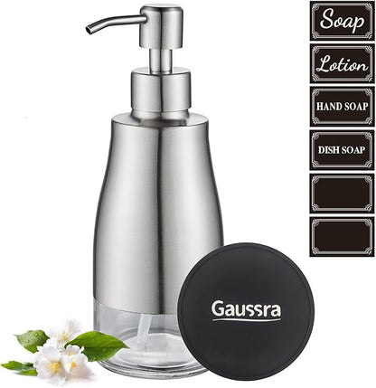 Gaussra Soap Dispenser with Coaster and Stickers, Brushed Nickel Stainless Steel Case Glass Liner Hand Pump Dispenser, Refillable Liquid Hand Soap Dispenser for Bathroom & Kitchen (11OZ / 320ML) - Image 7