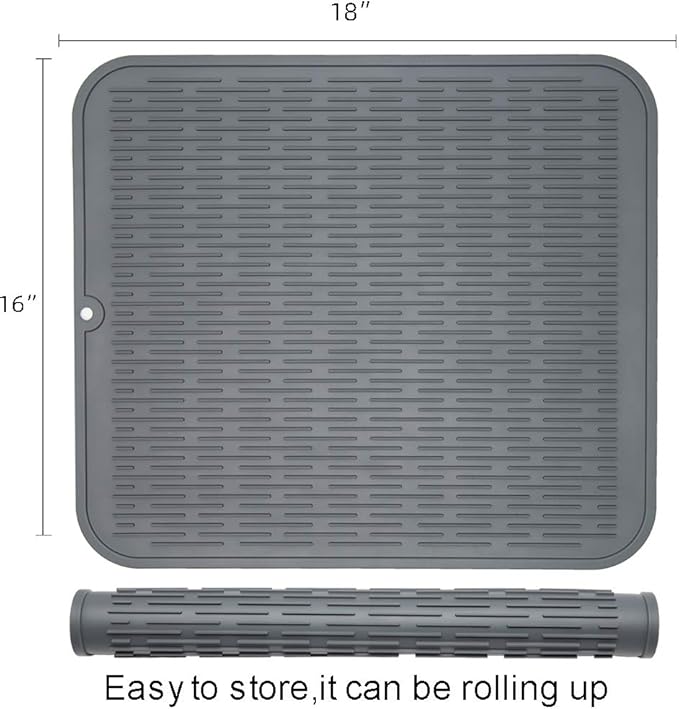 ZLR 2 Pcs Large Silicone Dish Drying Mat (16" x 18") - XL Heavy Duty Drainboard Mat for Pots, Pans & Family Loads - Heat Resistant Trivet & Counter Protector, Easy Clean (Dark Gray) - Image 2