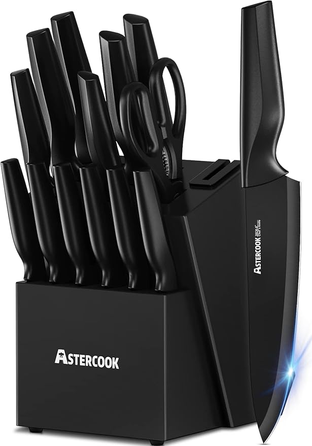 Astercook Knife Set, Kitchen Knife Set with Built-in Sharpener Block, Dishwasher Safe, 15 Pieces German Stainless Steel Knife Block Set, Black Mothers Day Gifts for Kitchen by Astercook