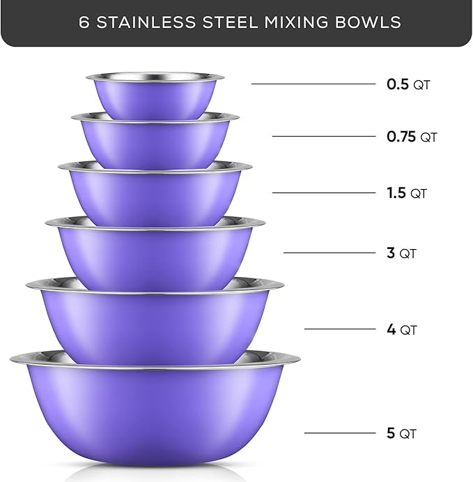 JoyJolt Stainless Steel Mixing Bowl Set of 6-5qt to 0.5qt Nesting Bowls for Dough, Batter & Baking - Image 2