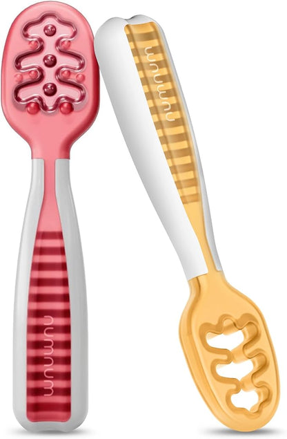 NumNum Baby Spoons Set, Baby Essentials Pre-Spoon GOOtensils for 6+ Months, First Stage Self-Feeding Spoons for Baby Led Weaning (BLW), Silicone Toddler Utensils, BPA-Free, 2 Pack Red/Orange by NumNum