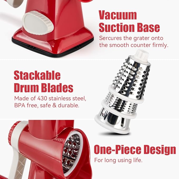Cheese Grater Hand Crank Rotary Vegetables Shredder with Handle, 3-in-1 Graters with Interchangeable Blades and Non-slip Base Multifunctional Slicer for Kitchen - Image 8