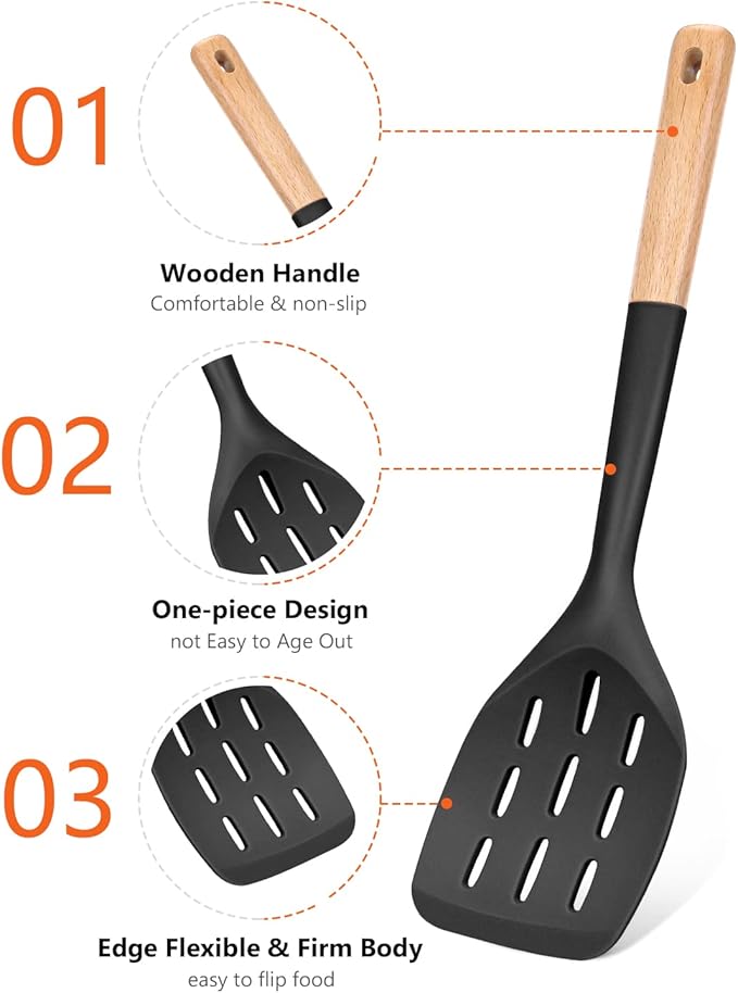 Pack of 2 Silicone Spatula, Non Stick Cooking Utensil Set Wooden Handle Kitchen Turner for Baking Mixing Grilling Serving Food Heat Resistant Non Scratch Hooks Included (Black) - Image 3
