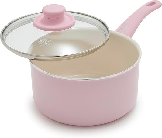 GreenLife 2.5QT Nonstick Saucepan with Glass Lid, Soft Grip, PFAS-Free Ceramic, Multipurpose Chef Pan, Milk & Sauce Cooking Pot, Dishwasher & Oven Safe to 350˚F, Stay-Cool Handle, Pink by GreenLife