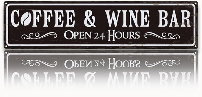 Coffee and Wine Bar Decor, Coffee & Wine Bar Open 24 Hours Sign, Retro Metal Tin Sign, Rustic Farmhouse Wall Decoration, Vintage Home Decor for Kitchen, Coffees Station Decors, 15.8x4 Inches by Unknown